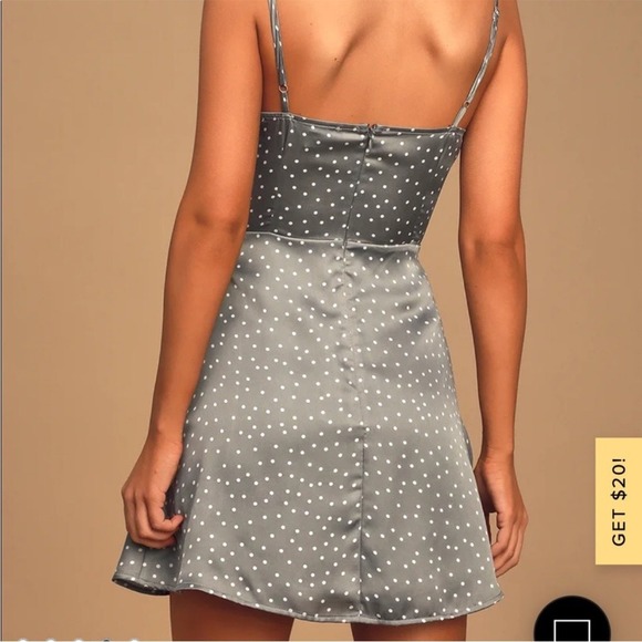 Lulus Spot in My Heart Sage Grey Polka Dot Satin Cowl Neck Mini Dress small NWT‎ - Picture 5 of 16